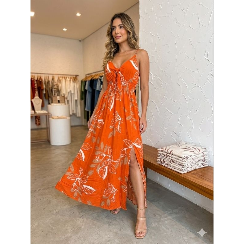 Vestido Longo Feminino Estampado com Fenda Lateral e Amarração | Alça Fina com Lastex | Moda Verão Elegante (viscolinho)