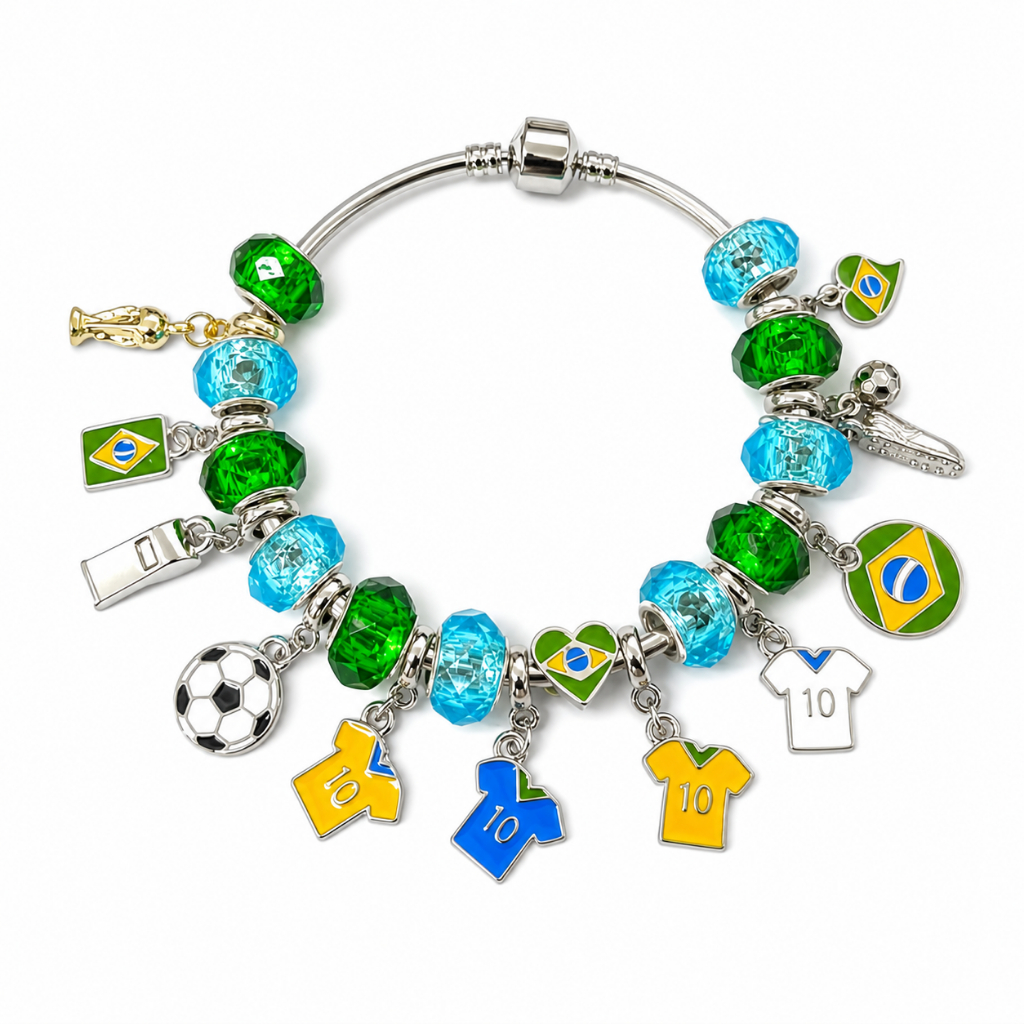 Berloques charm tema futebol copa do mundo troféu/ camiseta 10/ bandeira/ coração/ bola/ apito semijoia
