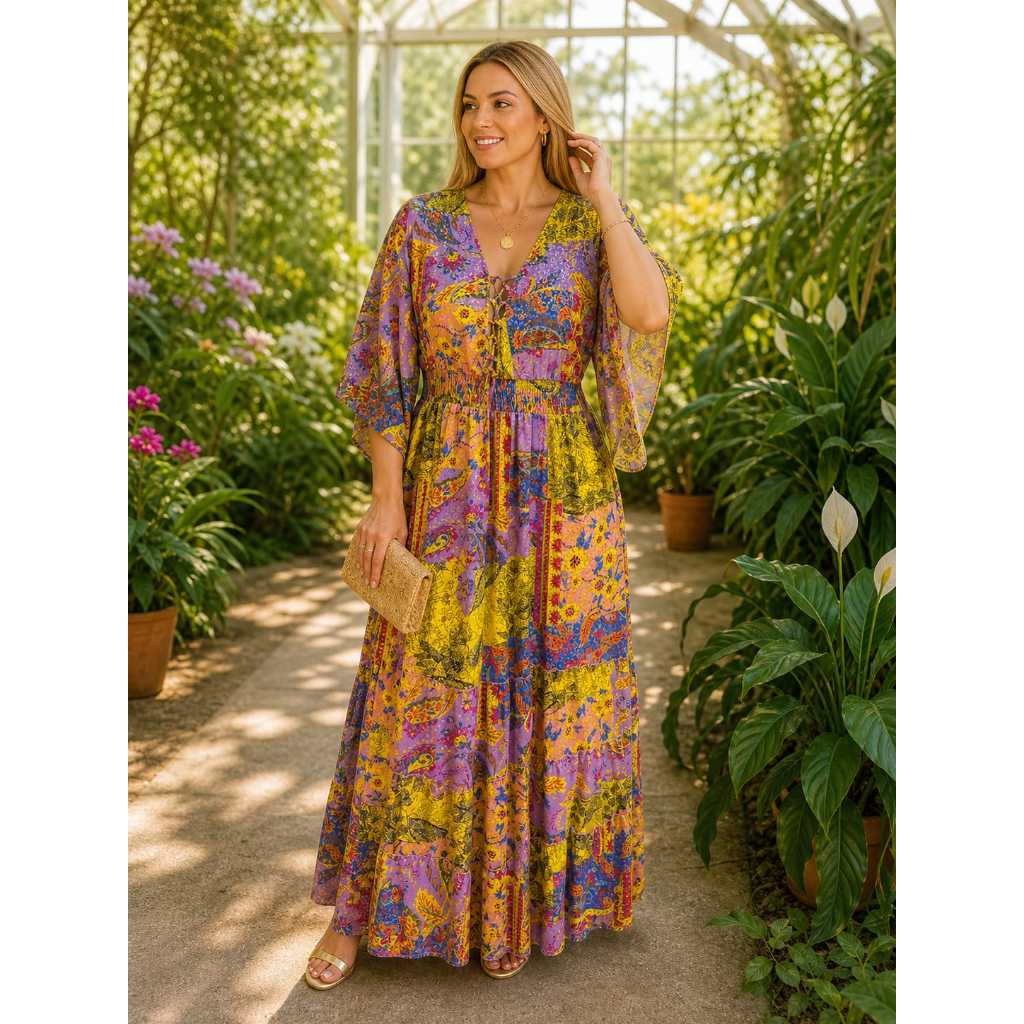 Vestido Longo Kaftan Plus Size Estampado Boho Verão Soltinho Confortável