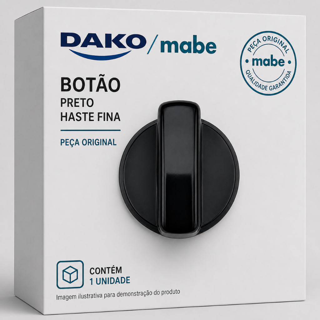 Botão Fogão Dako/Mabe Preto Haste Fina 1 Unidade