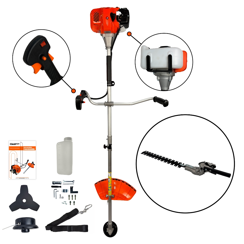 Roçadeira a Gasolina 52cc 2,5HP Bipartida com Podador de Cerca Viva Ponteira Motopoda de Galhos Carbon Fak
