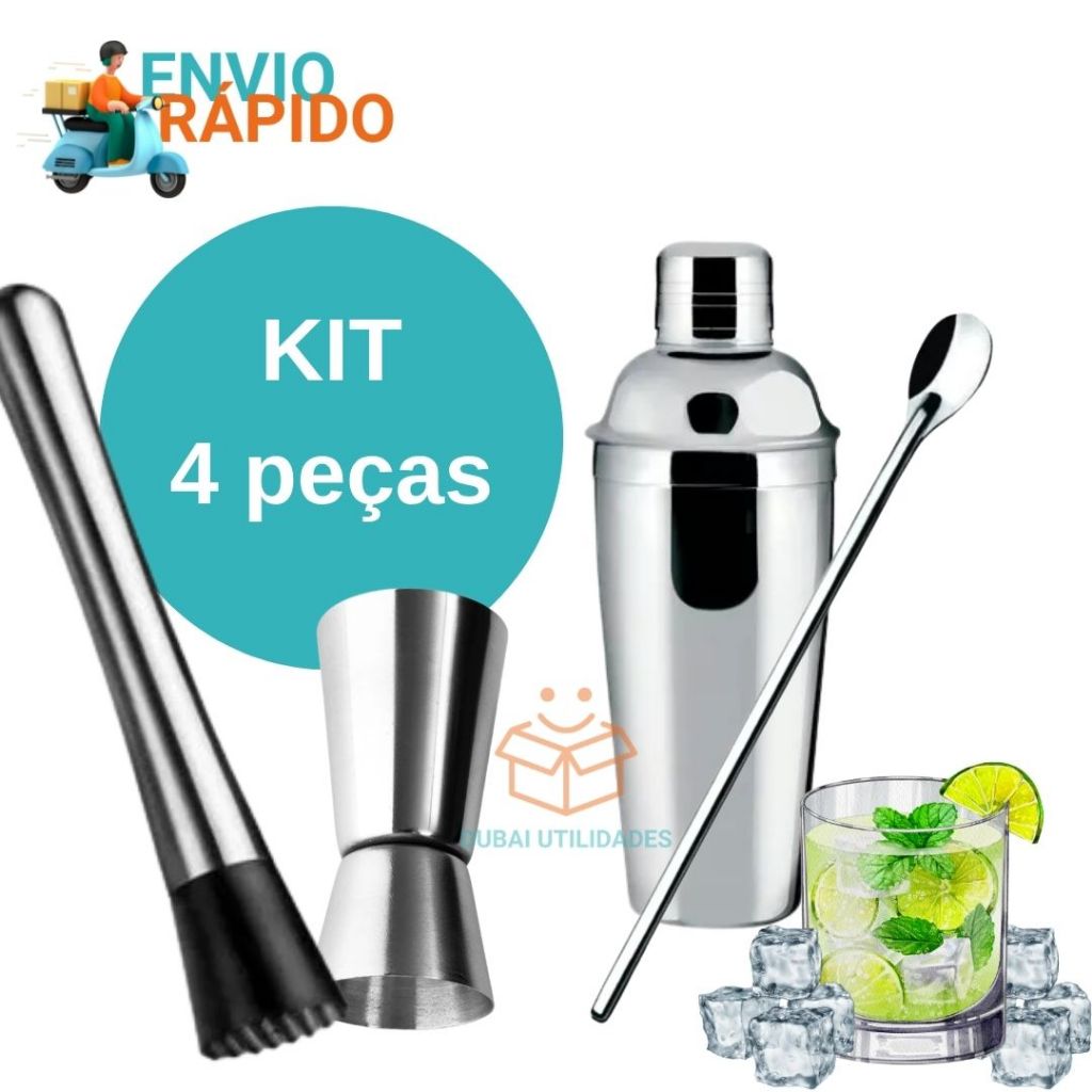 Kit Combo Bar 4 Peças Coqueteleira inox socador dosador duplo e colher de suco  para Bares Restaurantes