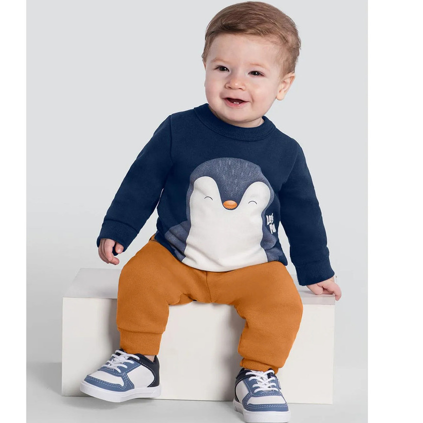 Conjunto Brandili (Tam P bebê ) Blusão moletom Estampa De Pinguim Em Puff, Calça moletom Bebê Menino Inverno