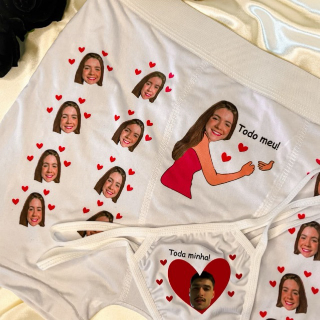 Kit Cueca Calcinha Personalizada Rosto Casal Dia dos Namorados Presente Namorada Divertido