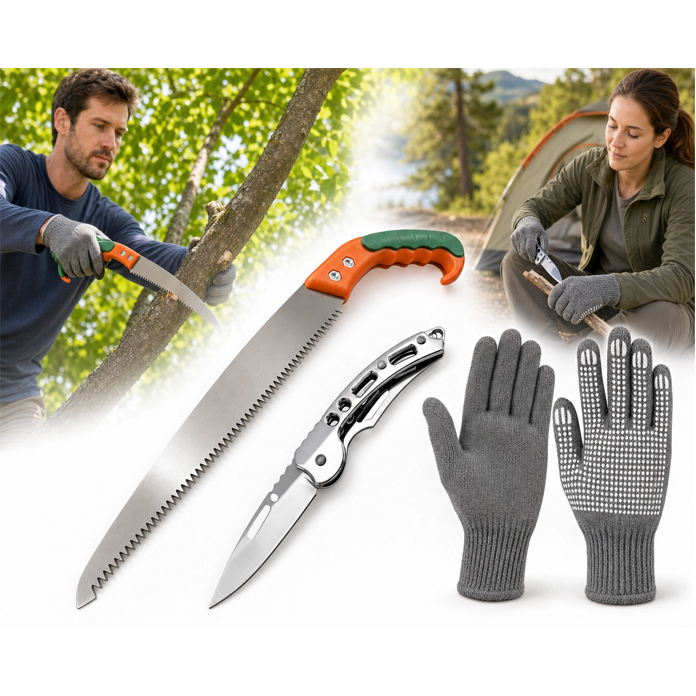 Kit serrote para poda galho carpinteiro jardim + Canivete Inox Bolso Retrátil Pesca Camping + luvas