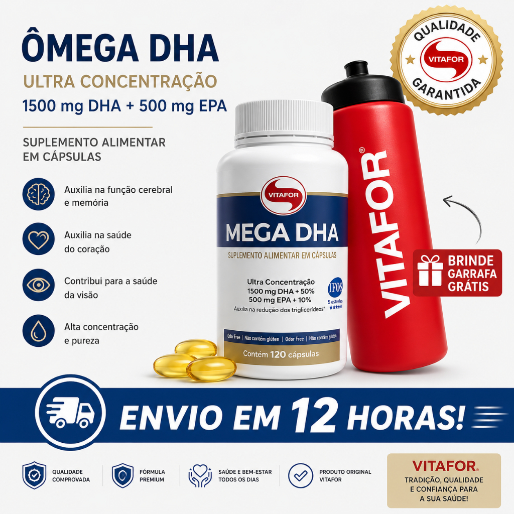 Ômega 3 Mega DHA Vitafor 60 Cápsulas | Alta Concentração 1500mg DHA + 300mg EPA | Cérebro, Memória e Coração | Original