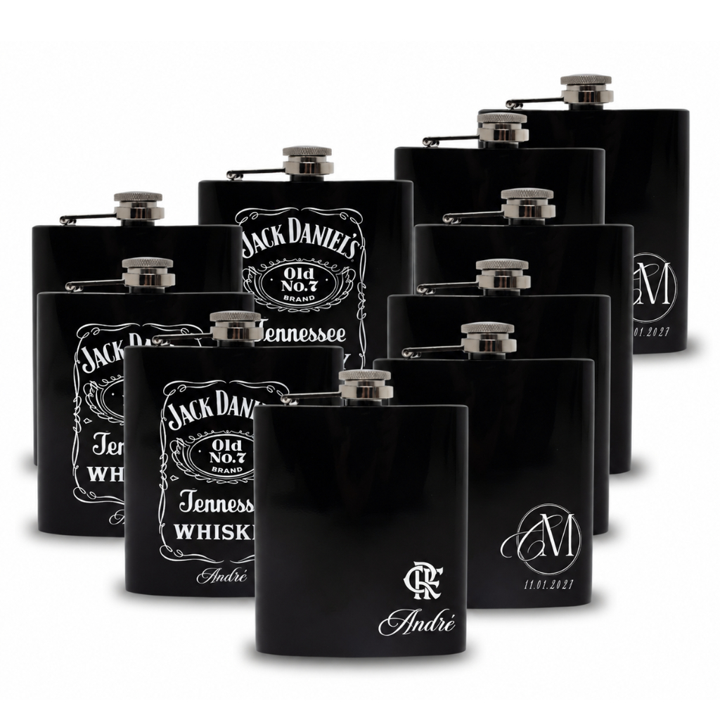 Kit 10 Porta Whisky Cantil 7oz Preto Aço Inox Personalizável Elegante Logo Casamento Padrinhos Brasão Logo