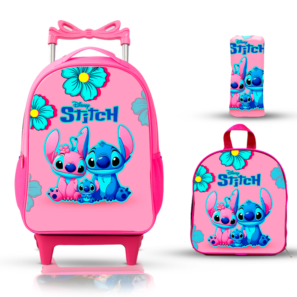 kit mochila escolar infantil lancheira e estojo stitch com rodinhas reforçada