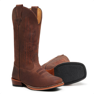 Bota Country Tradicional com Solado de Madeira e Detalhes em Costura