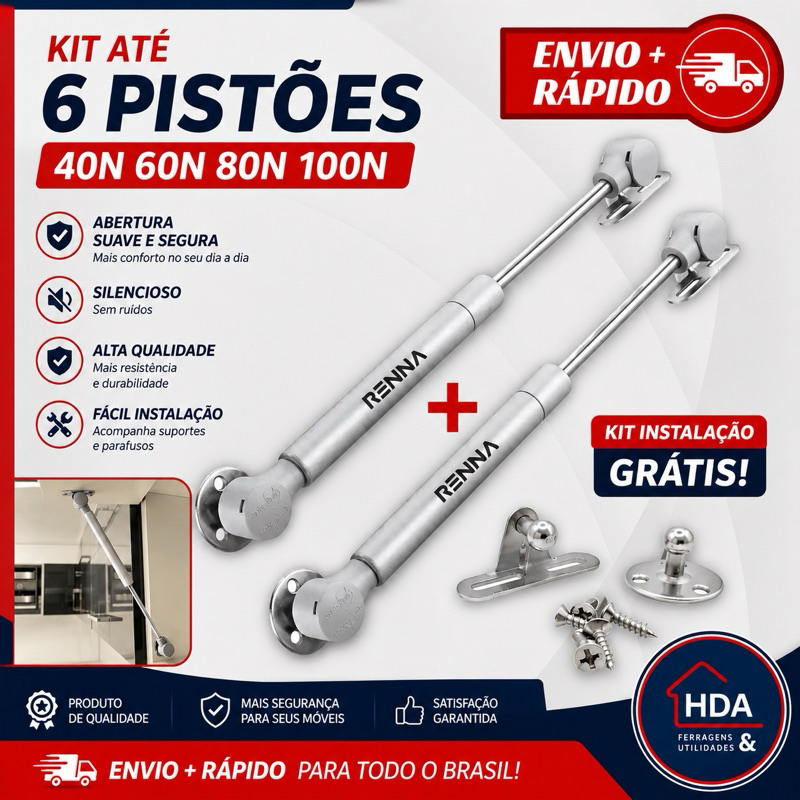Pistão a Gás para Porta de Armário Abertura para Cima 40N, 60N, 80N ou 100N ATÉ 6 UNIDADES