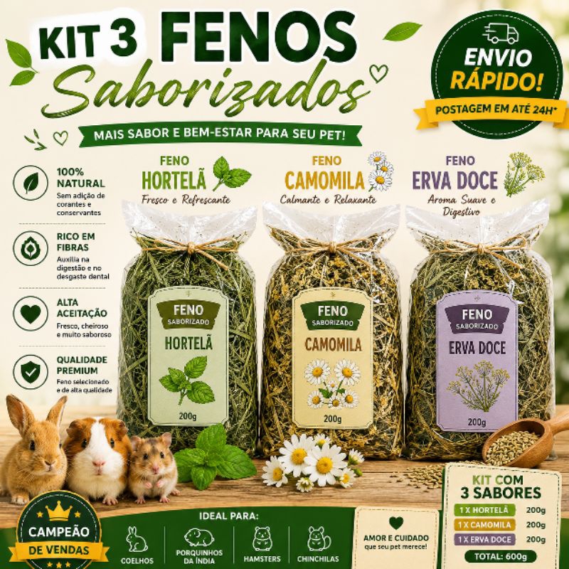 Kit Feno Saborizado para Roedores | Hortelã + Camomila + Erva Doce
