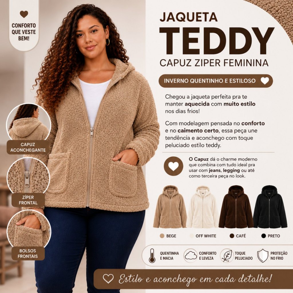 Jaqueta Teddy Capuz Ziper Feminina Plus Size Inverno Quente