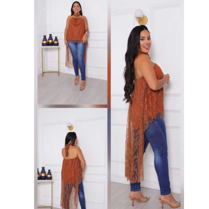 blusa femenina da renda com tira na pescoço