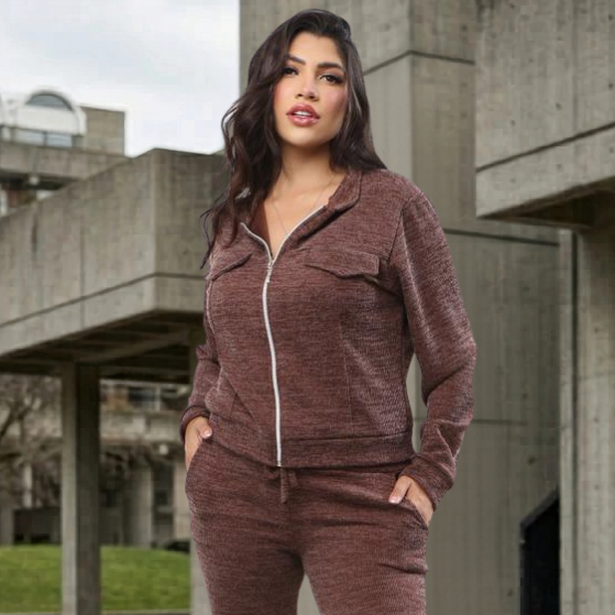 Conjunto Feminino Lanzinha Ribi Canelada Casaco com Zíper + Calça Pantalona com Bolsos Look Confortável