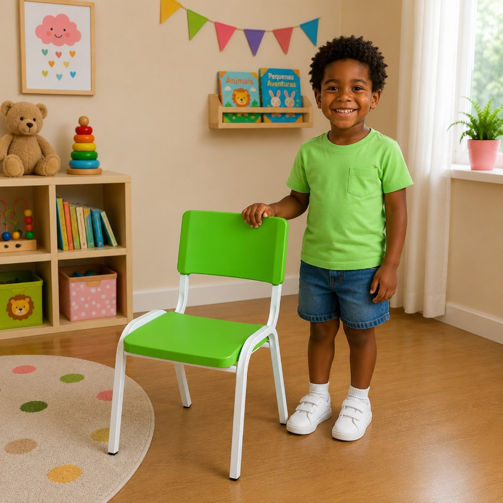 Cadeira Iso Infantil Fixa Empilhável Branca Assento Verde Limão Escola Brinquedoteca Igreja Clinica