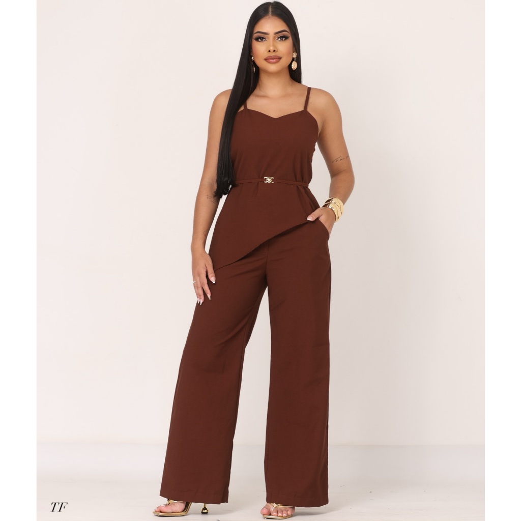 Conjunto Feminino 2 Peças Blusa Assimétrica + Calça Pantalona Elegante e Sofisticada No Tecido Marrant