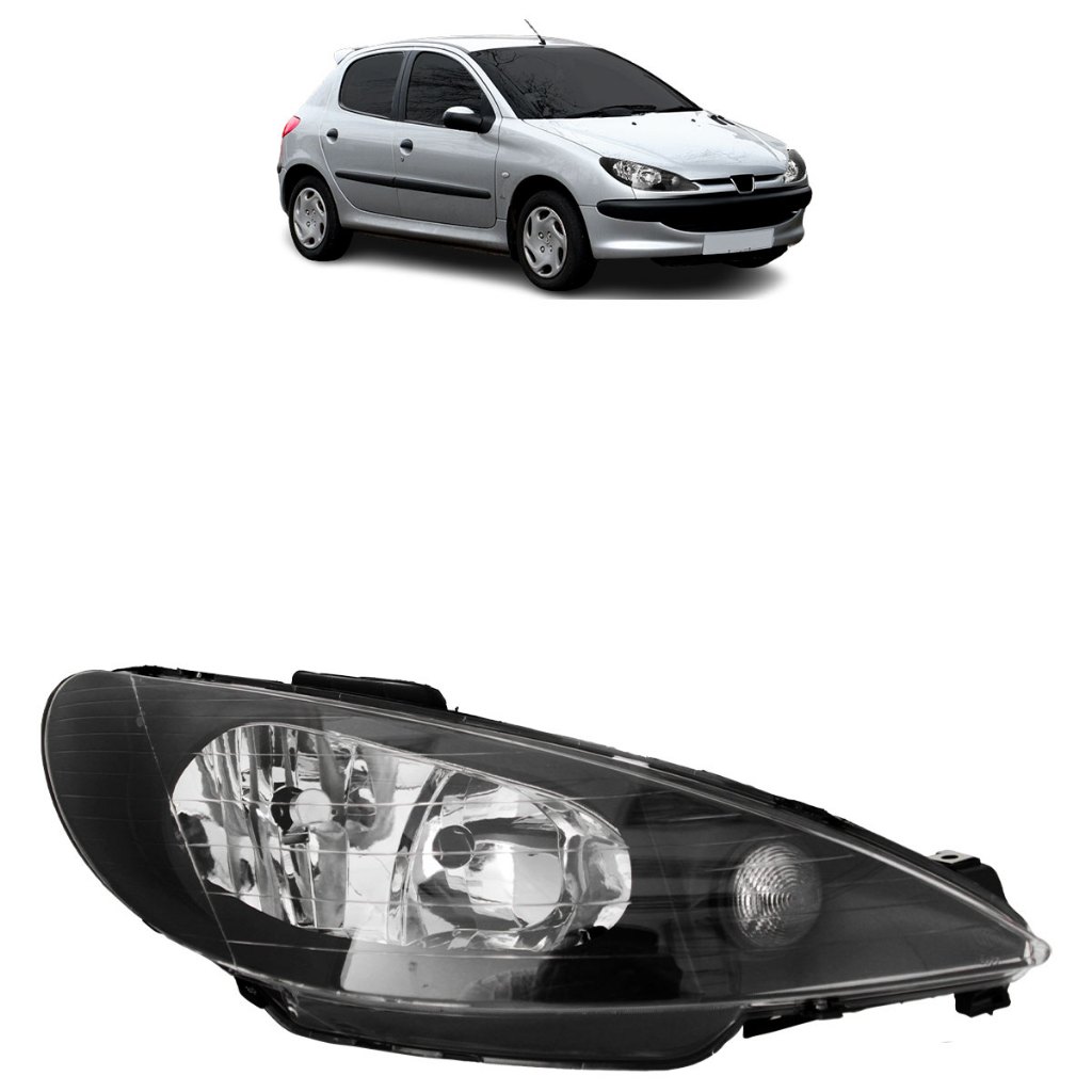 Farol Dianteiro 206 1999 2000 2001 2002 2003 2004 2005 2006 2007 A 2010 Máscara Negra Foco Duplo Lente Lisa Acrilico