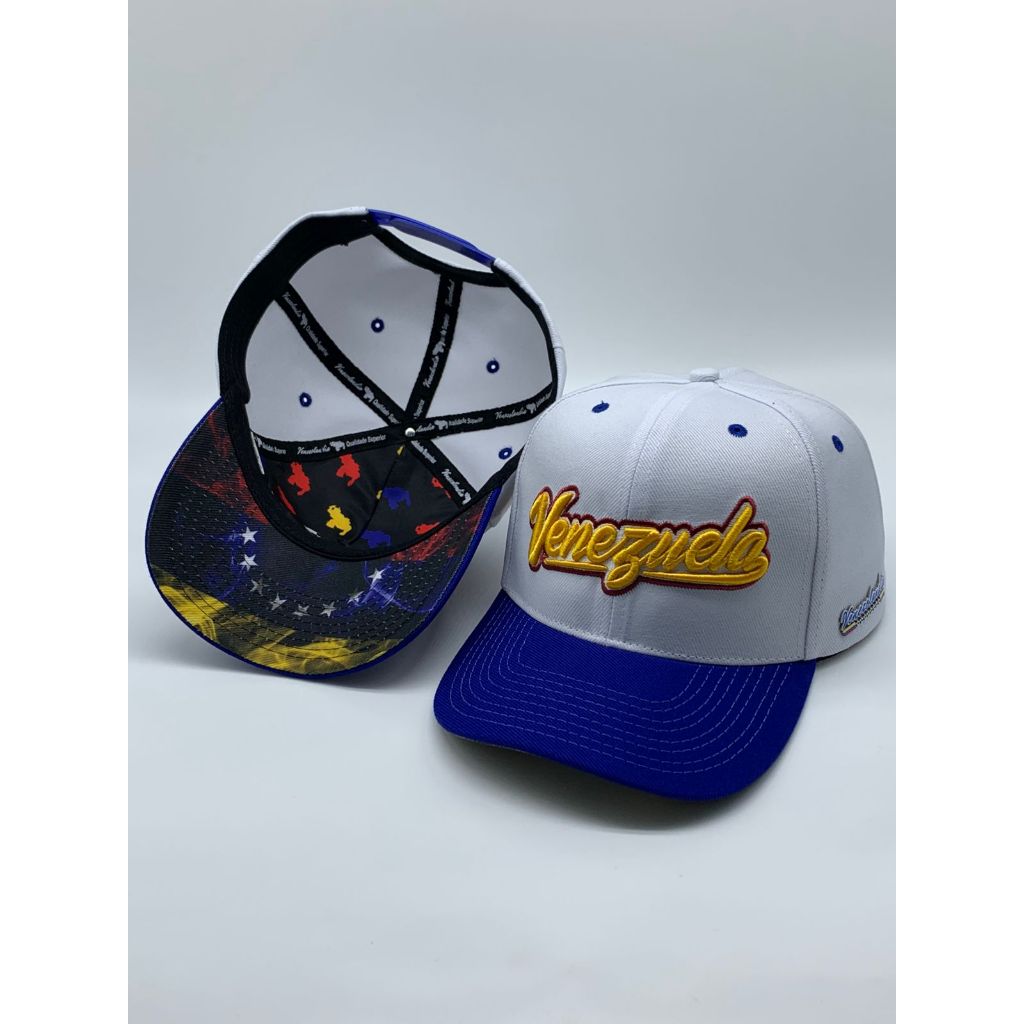 Boné Venezuela Aba Curva Premium - Venezuela Bordado 3D Branco e Azul Royal / Venezolandia