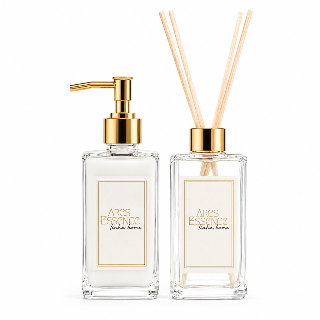 Kit Lavabo Luxo Square 250ml Difusor de Varetas + Saboneteira Vidro Elegante Ares Essence