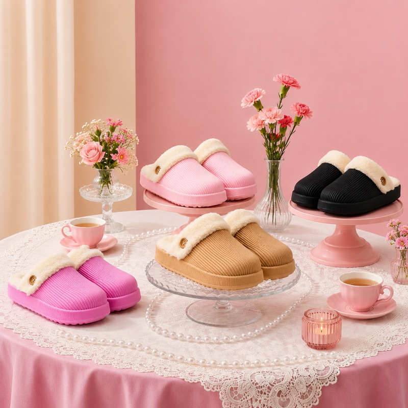 Babuche Pantufa Feminina Inverno Plataforma Peluciada Forrada Lã Sapato Térmico EVA Confortável Leve