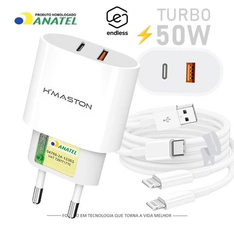 Carregador Turbo 2 Saídas Fonte 50W 2 Entradas USB e USB-C com Cabo Lightning Ultra Rápido