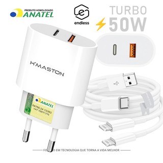 Carregador Turbo 2 Saídas Fonte 50W 2 Entradas USB e USB-C com Cabo Lightning Ultra Rápido