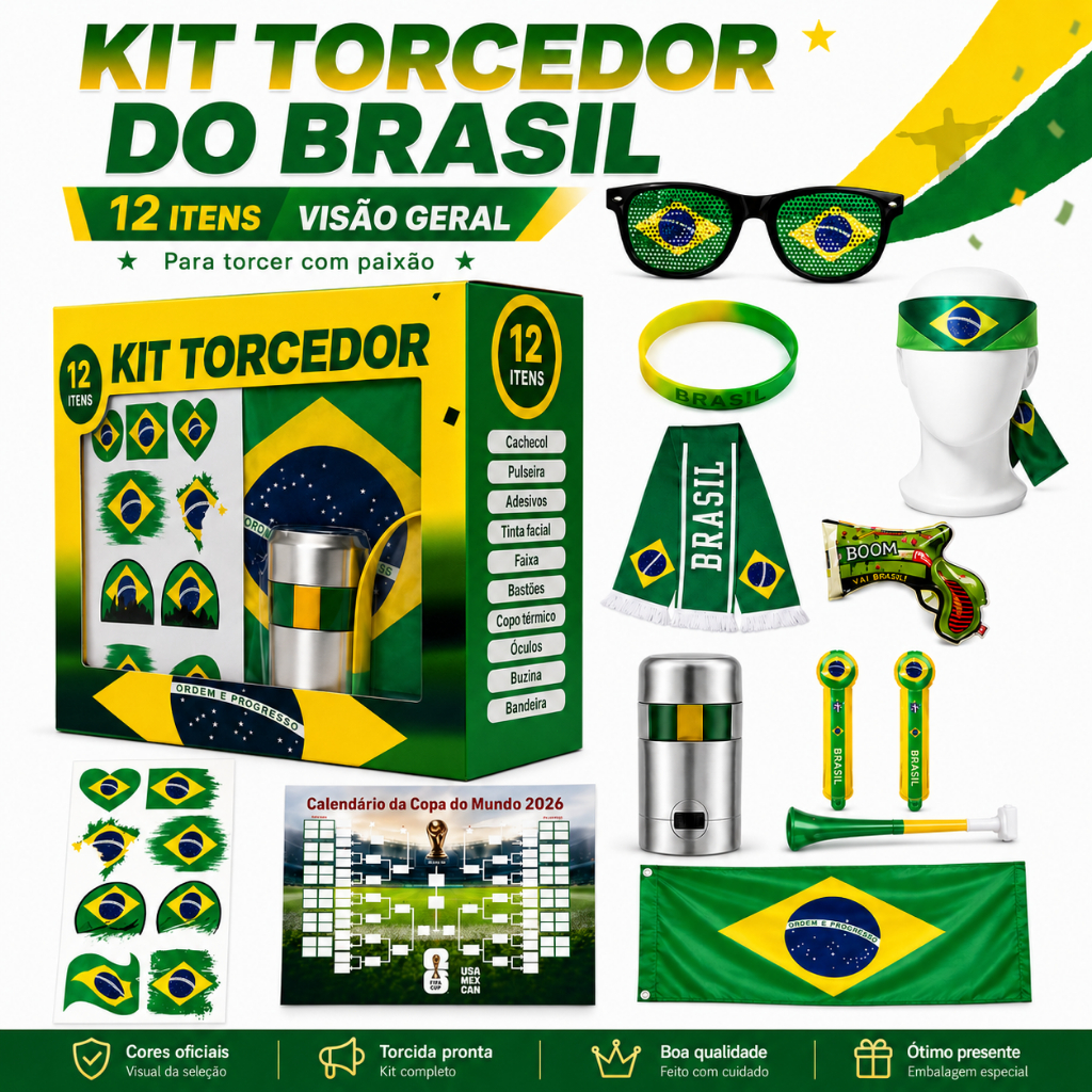 Kit Torcedor Brasil 2026 Copa do Mundo 12 Itens com Camisa, Bandeira e Acessórios de Fã