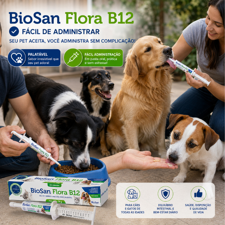 4/8/10/12 Biosan Flora B12 14g Probiótico Prebiótico Vitamina B12 para Cães e Gato Controla Flora Intestinal ATACADO