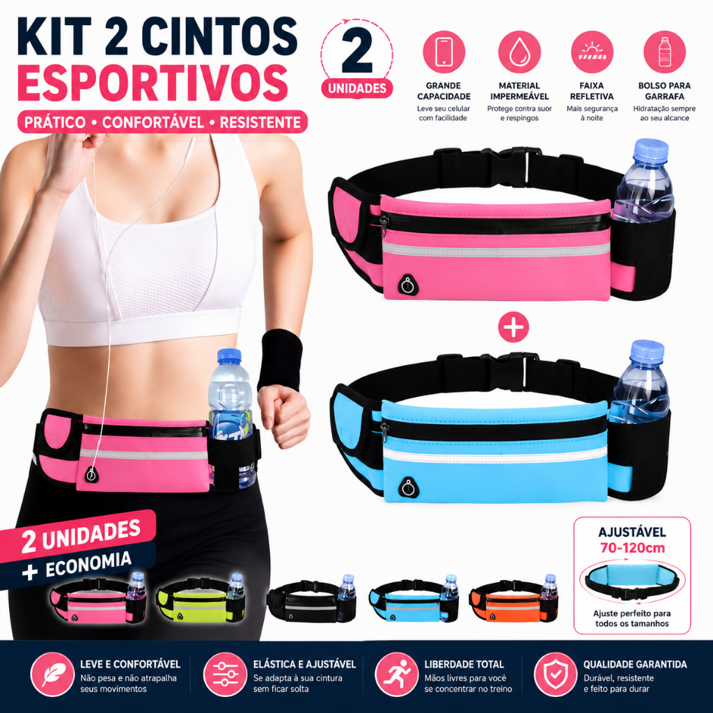 Kit 2 Pochetes Esportivas Impermeáveis Ajustáveis com Porta Garrafa para Corrida Academia Caminhada Fitness