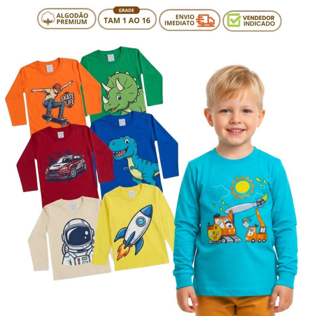 Kit 4 Camiseta Manga Longa Infantil Menino Blusa Infantil Masculino Meia Estação Algodão Bebê 1 a 16