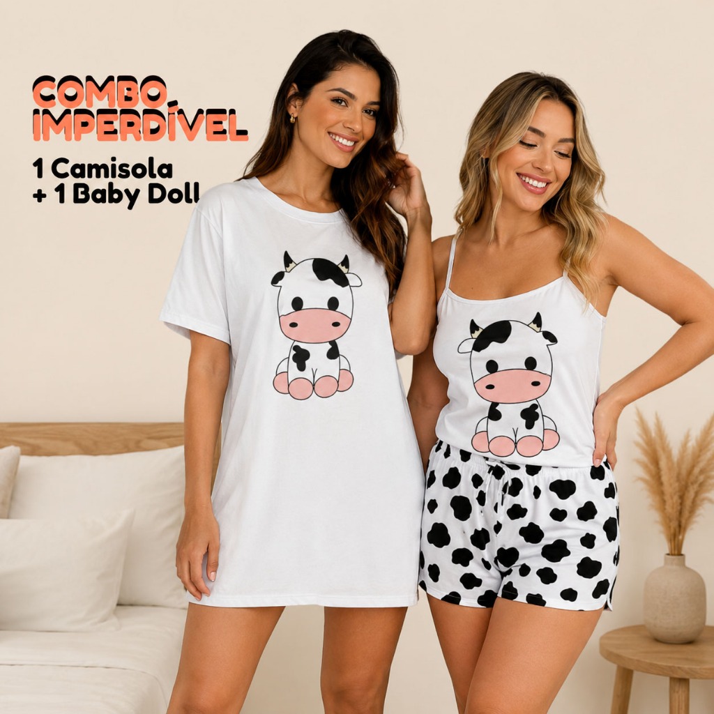 Kit 2 peças 1 camisola branca de vaquinha + 1 baby doll Branco vaquinha