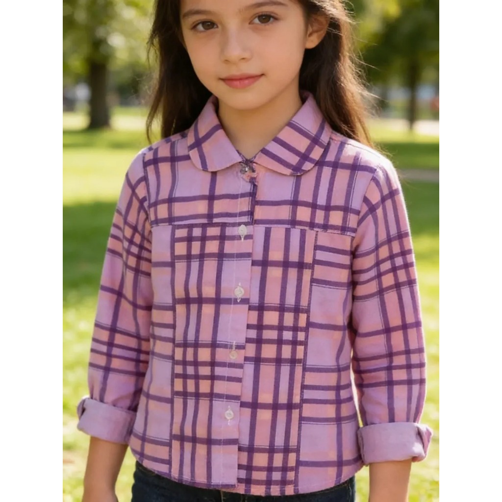 Camisa Lilás Manga Longa Infantil Menina Roupa Festa Junina Xadrez Com Botões Arraial Boiadeira Outono Inverno
