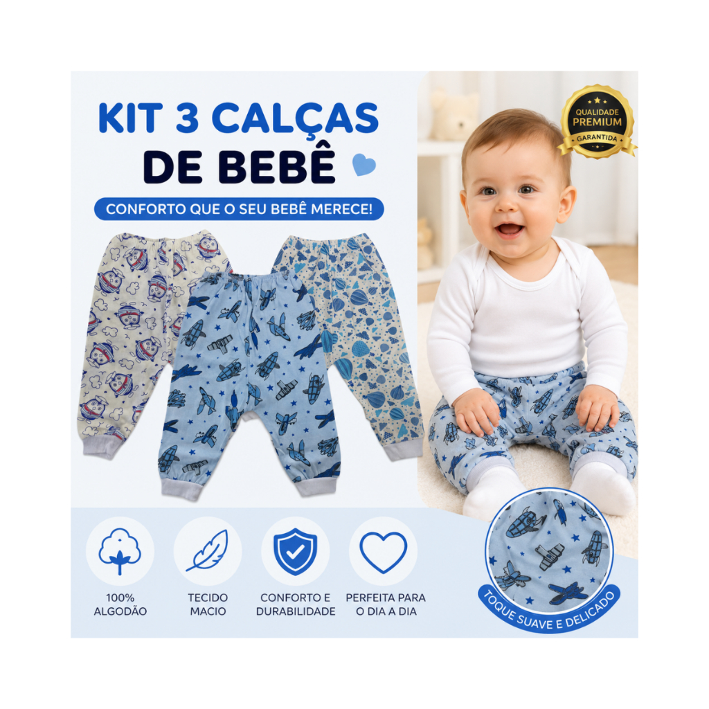 Kit 3 Calças Mijão Premium Bebê Estampadas Menino Menina P ao G Enxoval Macia Confortável