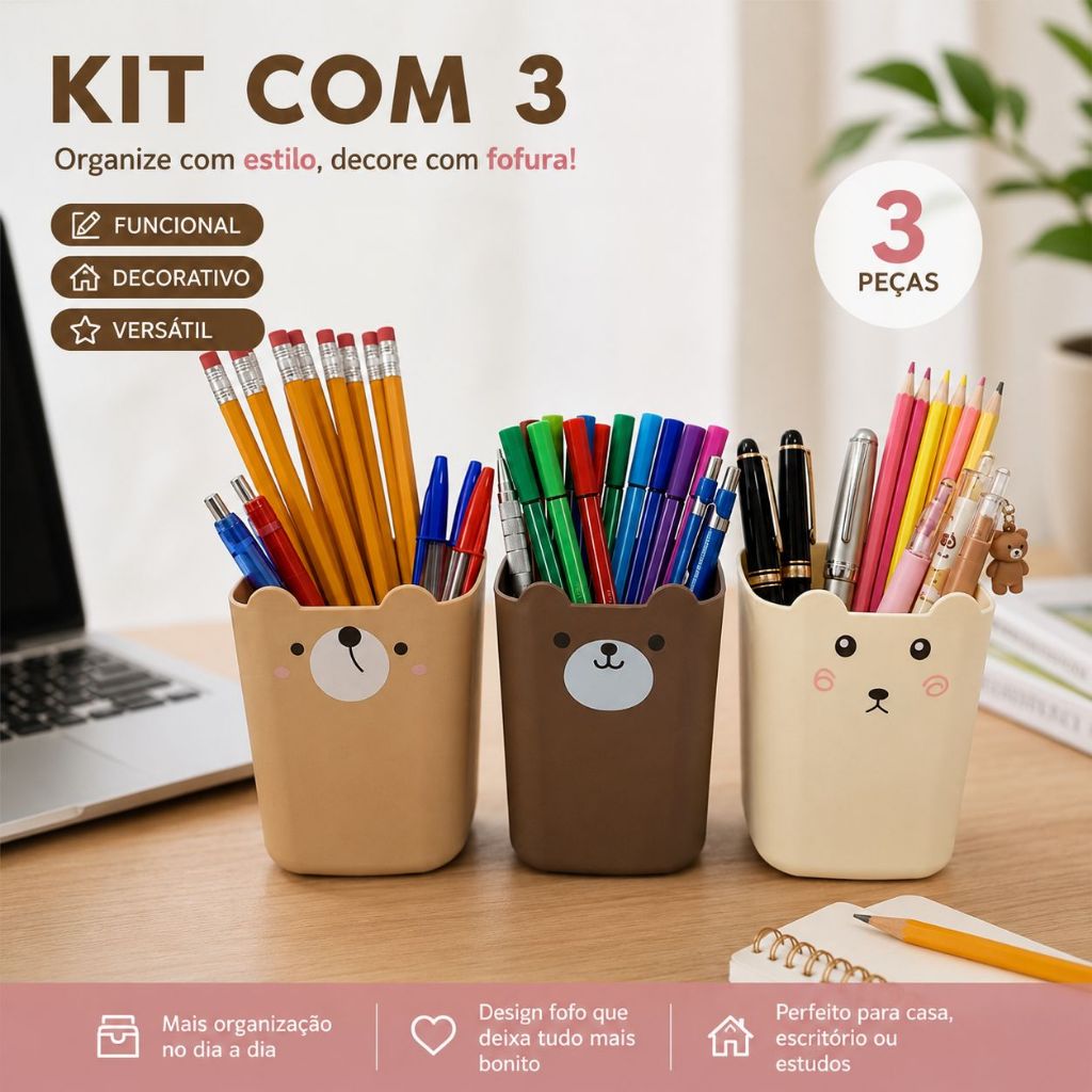 Kit 1 Ou 3 Mini Porta Treco Ursinho Fofo Organizador de Mesa Caneta Lápis Cute Multiuso