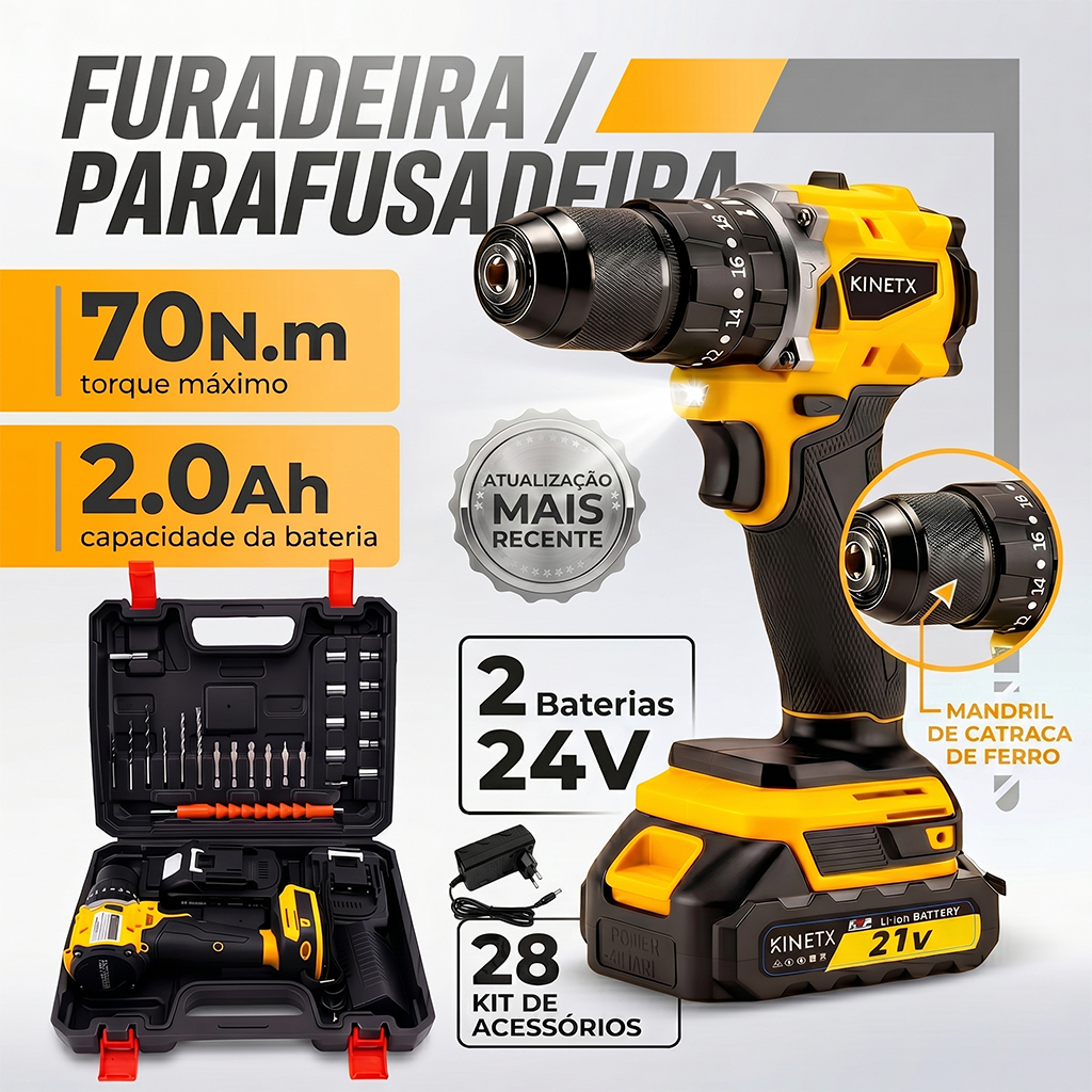 Kit Furadeira Parafusadeira de Impacto 2 Baterias 28pcs Recarregável Sem Fio Com Maleta Completo Elétrica 3 Funçöes