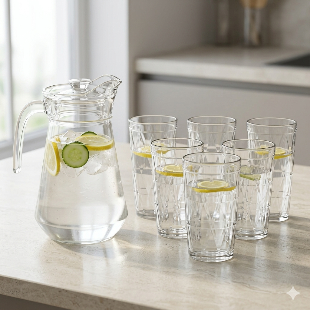 Jogo De Jarra 1,3L Com 6 Copos Em Vidro Luxo Elegante Para servir Água Suco Drinks Bebidas