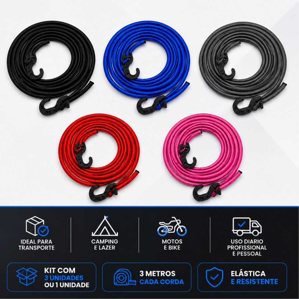 Corda elastica kit 3 unidades bagageiro moto fixar malas prender cargas delivery amarrar mochila