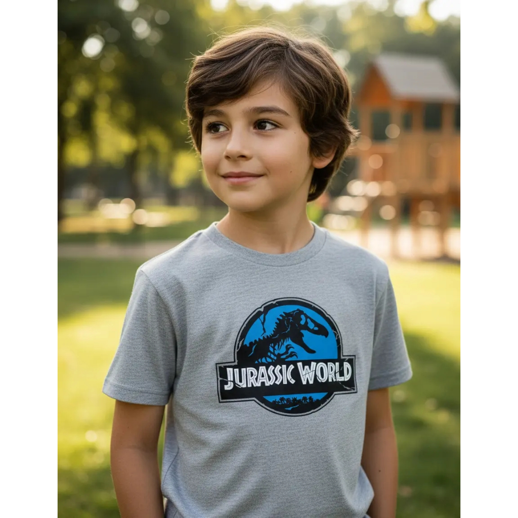 Camiseta Jurassic World Infantil Cinza Blusa Menino Menina Dinossauro Unissex Premium