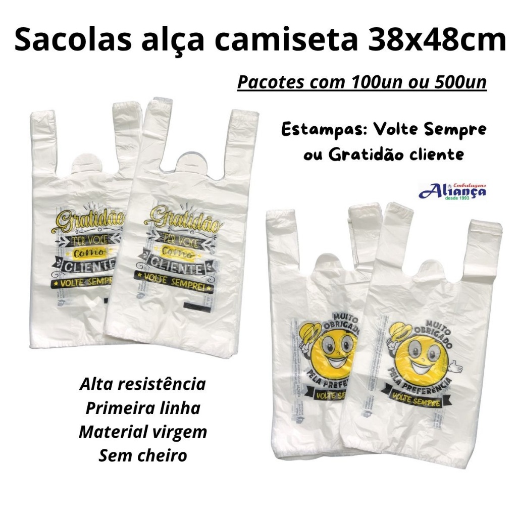 Sacola Plástica Alça Camiseta 38x48cm Volte Sempre Gratidão Reforçada Mercado Loja Supermercado Embalagem Resistente