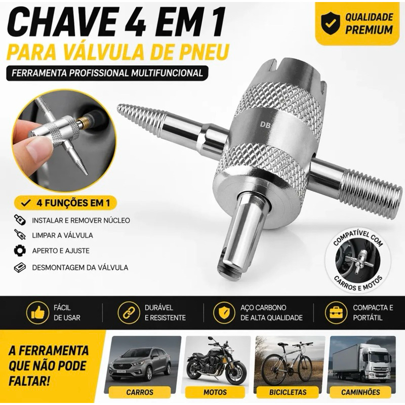 Chave saca Válvula Bico Pneu Tarraxa Ômega Extrator de Núcleo 4 usos