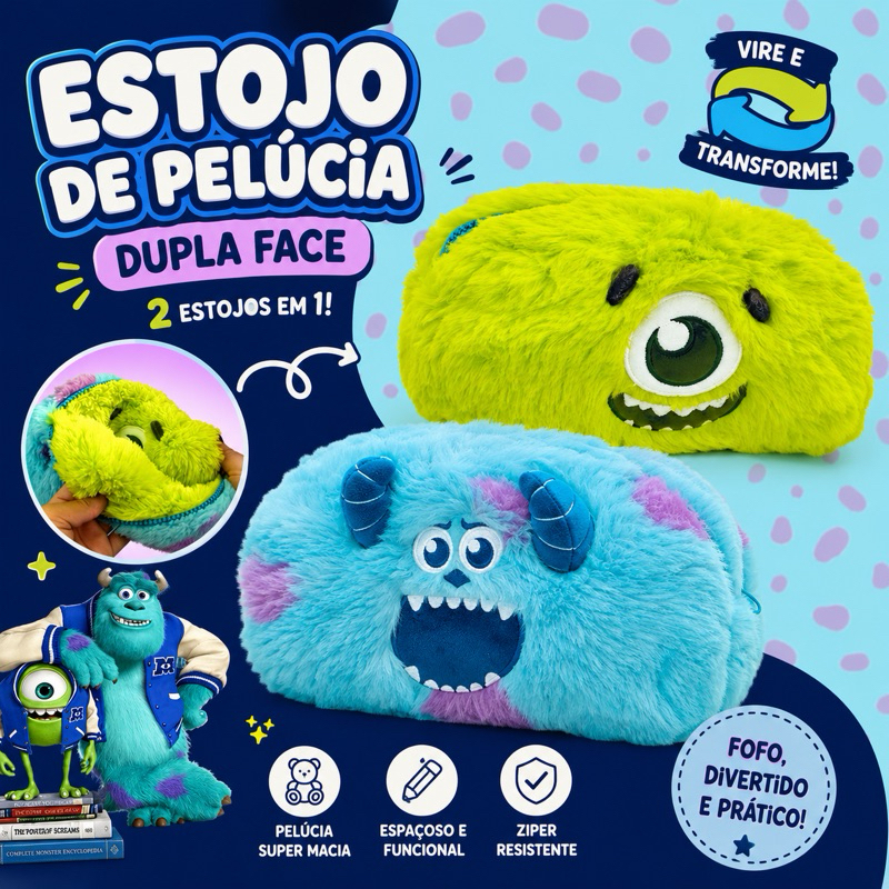 ESTOJO FLUFFY MONSTROS S.A. / DAC / ESTOJO PELÚCIA / PAPELARIA FOFA KAWAII / MATERIAL ESCOLAR