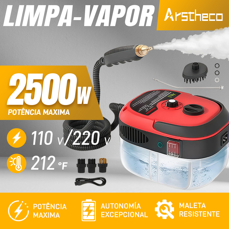 Limpador a Vapor 2500W Alta Pressão - Kit Completo c/ 8 Acessórios p/ Limpeza Profunda