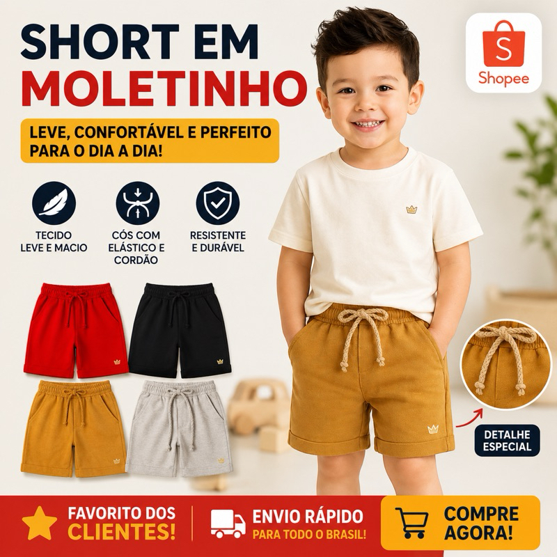 Short Infantil Menino MOLETINHO bermuda Masculina - tecido leve ideal Para Brincar e Passear