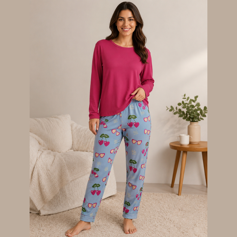 Pijama Feminino Suede Longo Adulto Inverno Manga Longa Calça