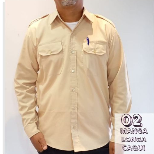Kit 02 Camisas Manga Longa Caqui com Lapela Uniforme Social Profissional Motorista Porteiro