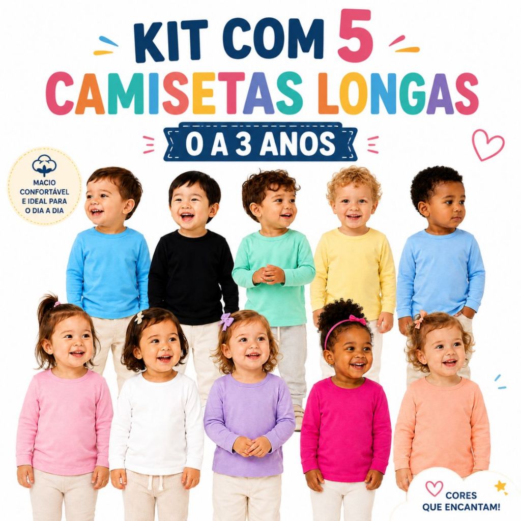 Kit 5 Camiseta Manga Longa Infantil 100% Algodão Fio 30 Bebê Masculino e Feminino Para Inverno