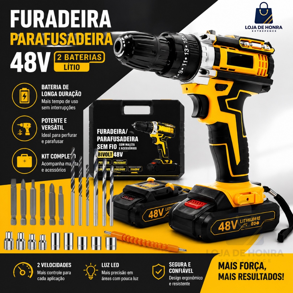 Furadeira e Parafusadeira Sem Fio 48v com 2 Baterias e Estojo Completo | Controle De Velocidade Du