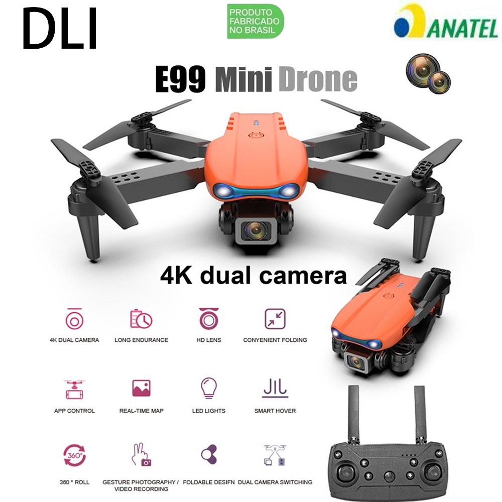 DLI Mini Drone E99 Dual Camera 4K Fotografia Aérea Helicóptero Quadcopter com 2 Baterias