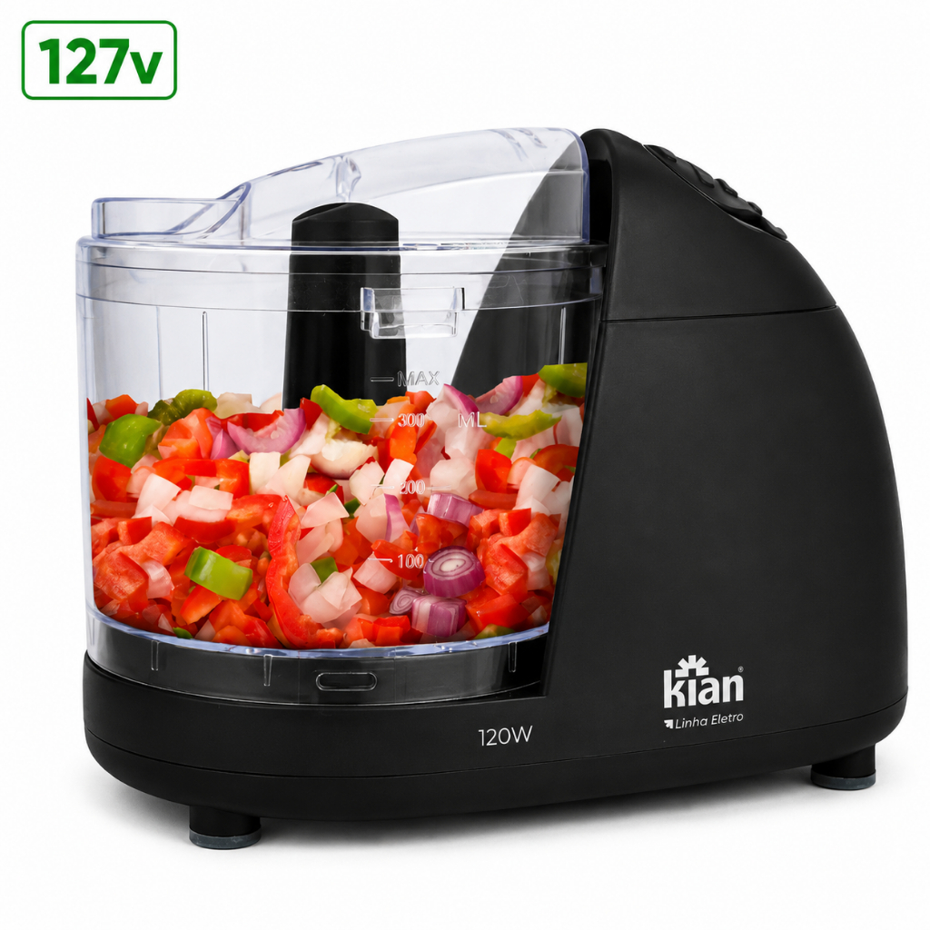 Mini Processador de Alimentos Kian 120W – Preto | 500 ml | Tampa Dosadora | Lâminas Inox |