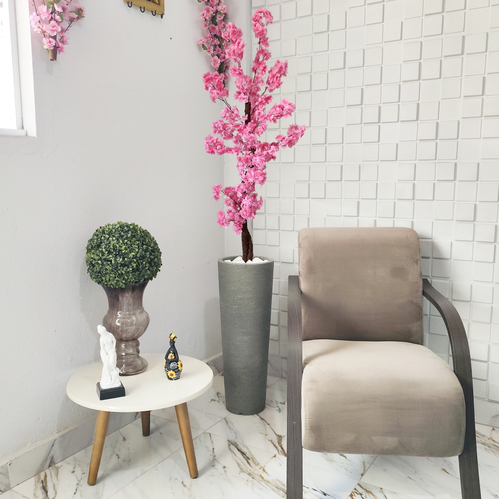 Arranjo Artificial Cerejeira Japonesa Rosa 150cm Vaso Grafiato Mármore Pedra — imagem 2 de 2